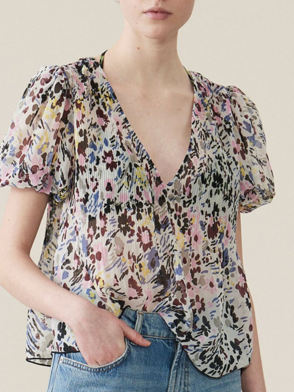 GANNI Floral Print Pleated Blouse in Egret Ivory | Size 38
